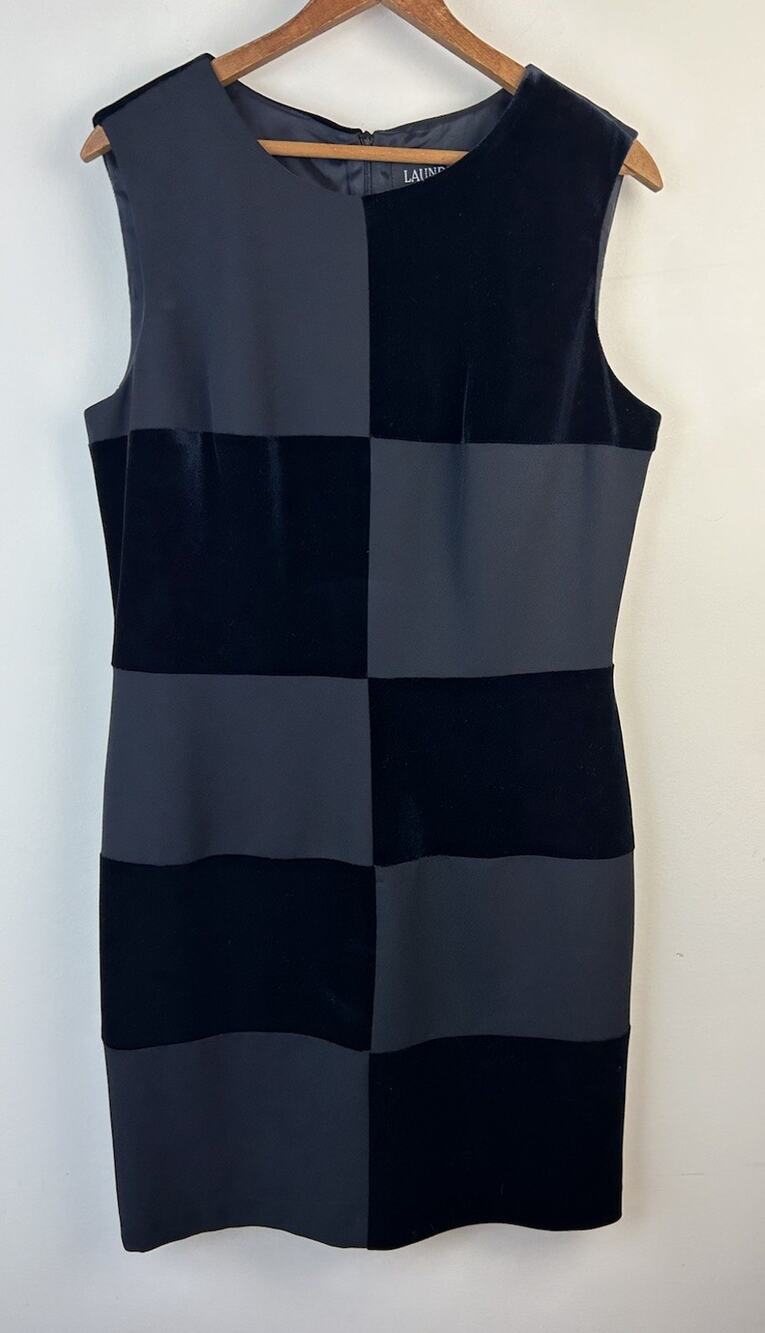 VTG Laundry By Shelli Segal Black Shift Dress Sz 12 Patchwork Checkered Velvet